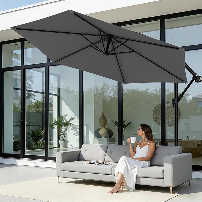 AreShark 10FT Patio Outdoor Umbrella, Offset Patio Umbrella Cantilever Umbrella, 6 Sturdy Ribs, Easy Adjustment for Garden Market Pool with Cross Base (Gray)