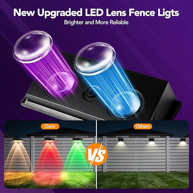 Solar Fence Lights Outdoor 2Pack, Warm White & 6 Color Change and Glass Panel, Waterproof High Brightness Solar LED Deck Lighting for Outside Stairs, Porch Step, Railing, Backyard, Pool