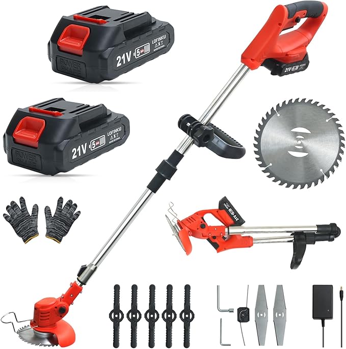 Cordless Grass Trimmer & Edger - Lightweight Foldable, 2 x 21V Batteries Included, Weed Trimmer, Red