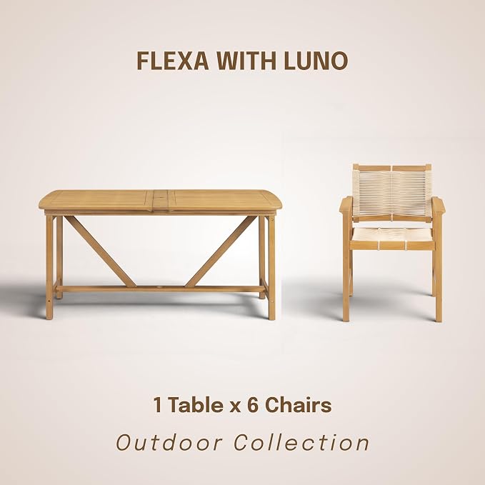 NTC Flexa Extendable Outdoor Dining Table, 63"–94.5" Solid Wood Patio Table for Patio Dining Sets with 6 Luno Chairs Weather Resistant, Easy Assembly, Natural