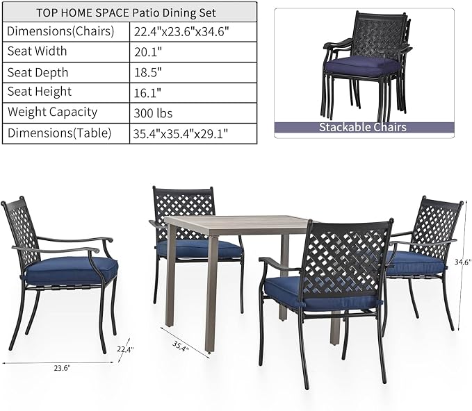 Patio Dining Set 5Pcs Outdoor Metal Furniture Dining Sets Wood Grain Suqare Table Chairs Set with Blue Cushion Galvanized Steel Frame