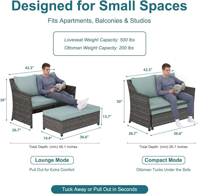 OC Orange-Casual 2-Piece Outdoor Patio Furniture Wicker Love-seat and Coffee Table Set, with Built-in Storage Bin, Grey Rattan, Green Cushions