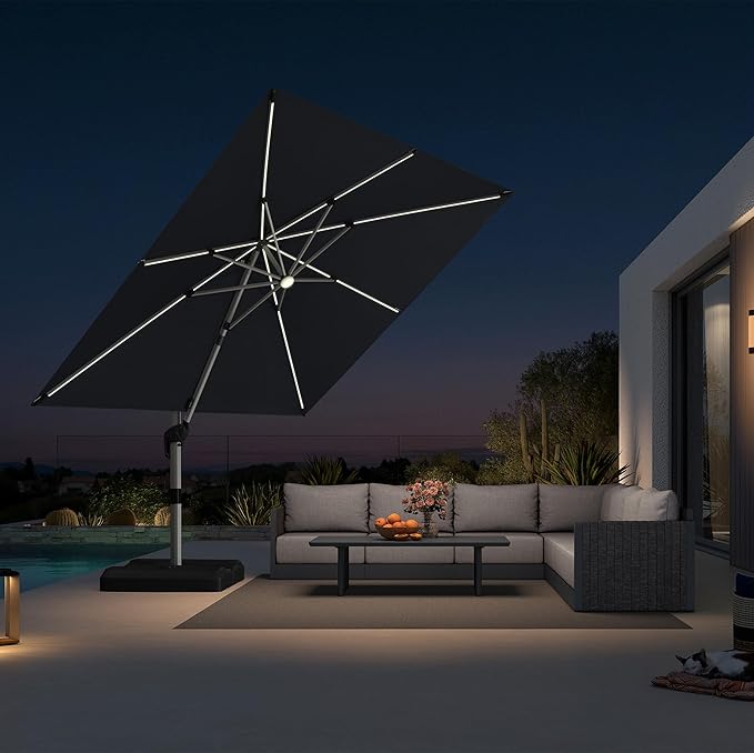 PURPLE LEAF 10 Feet Patio Umbrella with Lights Outdoor Square Cantilever Umbrella Solar Powered LED with 360-degree Rotation for Garden Deck Pool Patio, Grey