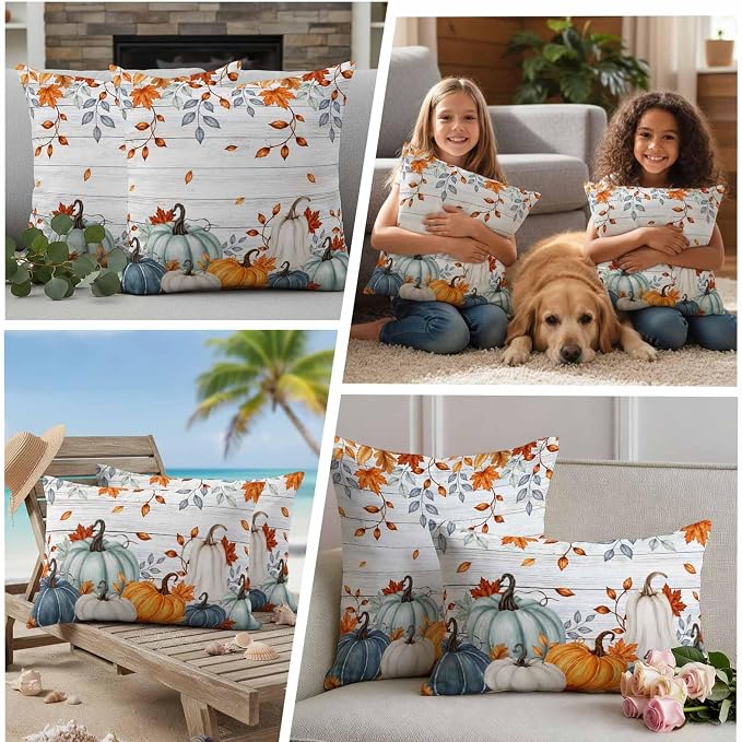Fall Waterproof Outdoor Pillow Covers 18''x18'' Set of 2, Thanksgiving Maple Leaf Branch Vintage Wooden Patio Cushion Covers for Chairs,Decorative Blue Green Pumpkin Pillow Cases for Garden/Pool/Beach