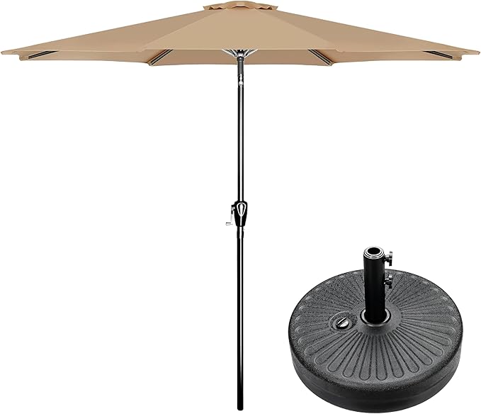 Simple Deluxe 9FT Outdoor Patio Umbrella Table Market Umbrella with Push Button Tilt and Crank and 50lbs Base Stand, for Garden, Lawn, Deck, Backyard, Pool, Tan