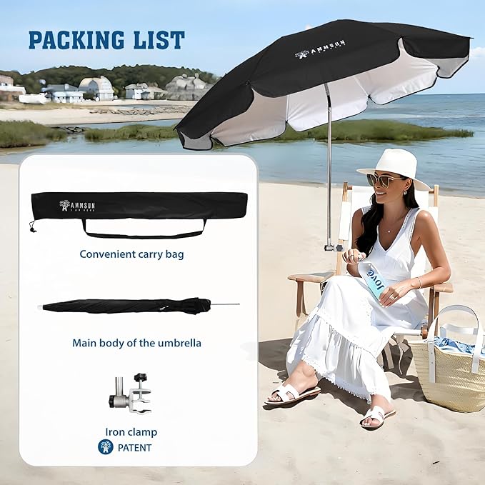 AMMSUN Chair Umbrella with Universal Clamp Adjustable 47 inches and 360° Swivel & UPF 50+ Protection Portable Sun Umbrella, Secure Clip on Camping/Beach Chairs, Stroller, Wheelchair, Golf cart, Lounger, Black, 2 PACK