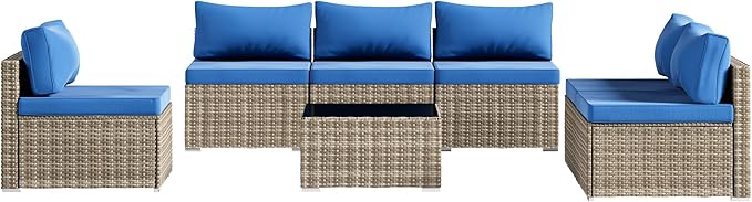7 Piece Patio Furniture Set, Outdoor Wicker Patio Sofa Set, PE Rattan Sectional Couch with Glass Table and Blue Cushions, All-Weather 7 Piece Outdoor Patio Furniture Sets, Grey
