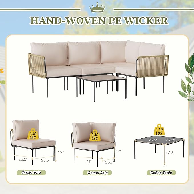 Patio Furniture Set, 5 Piece Outdoor Patio L-Shaped Conversation Set with Cushions and Table, All-Weather Rattan Woven Sectional Sofa for Backyard, Porch, Boho Detachable Lounger (Beige)