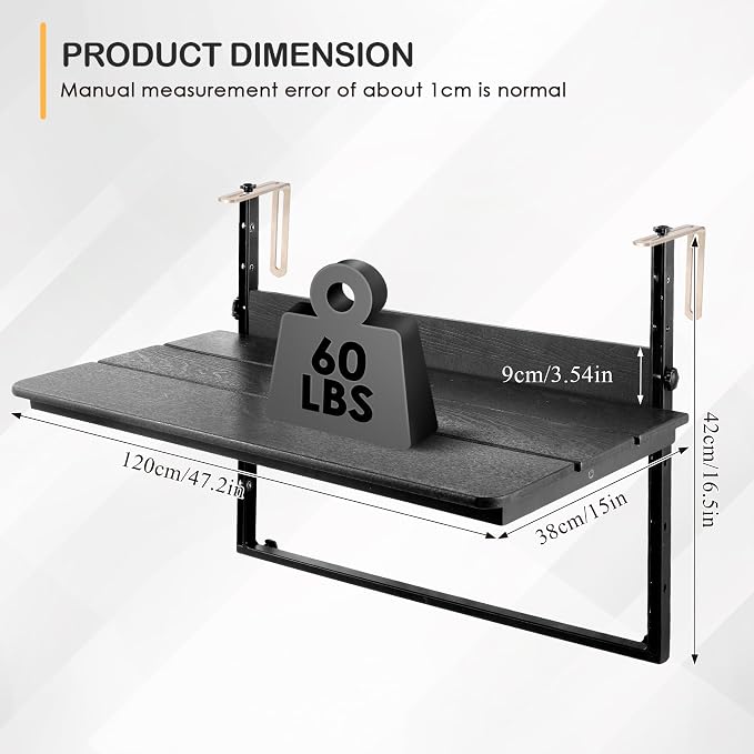 Balcony Railing Hanging Table Outdoor Folding Balcony Bar Table for Railings, Fit Railings 1" to 5.5", Adjustable Height Deck Railing Table for Garden Patio, 47.2" x 15.0", Black