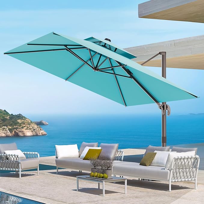 9' X 12' Outdoor Cantilever Patio Umbrella - Heavy Duty Offset Umbrella with 360° Rotation for Garden Deck Pool Patio, Turquoise