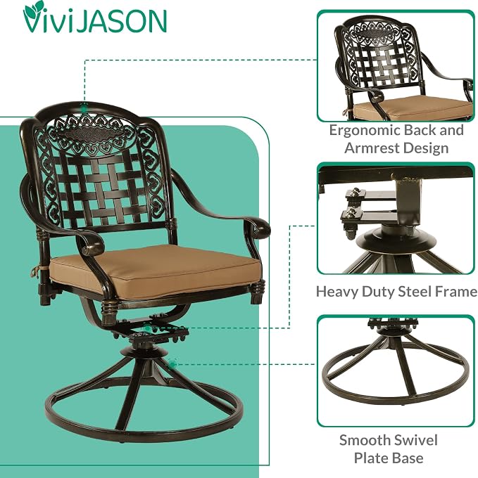 VIVIJASON 9-Piece Outdoor Patio Furniture Dining Set, All-Weather Cast Aluminum Conversation Set, Include 8 Swivel Dining Chairs and an Oval Table with Umbrella Hole for Lawn Garden Backyard