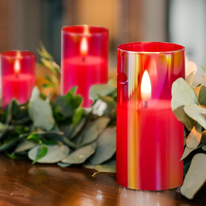 Eywamage Red Glass Flameless Candles with Remote Batteries, Flickering Slim Tall LED Pillar Candles Set of 5