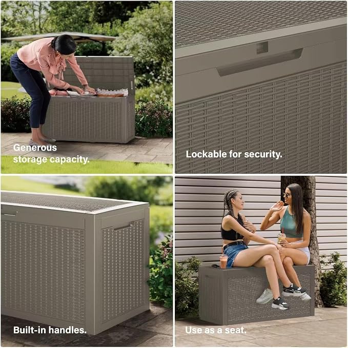 Outdoor Storage Box Waterproof, 150 Gallon Lockable Resin Deck Box Large, Patio Storage Bin for Pool Accessories Cushion Furniture, Garden Tools, UV-Resistant Outside Delivery Grey