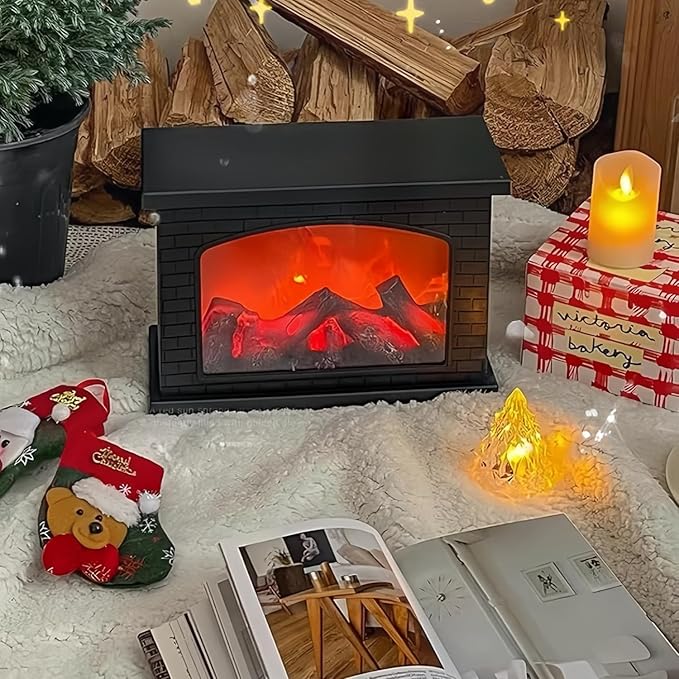 Simulated LED Fireplace Lantern USB & Battery Powered Flameless Light with Simulation Flame Table Decorative Lamp Mini Fireplace Ornament for Cozy Home Decor Free Standing Electric Log Burner