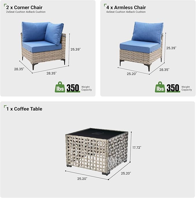 7 Piece Outdoor Patio Furniture with Glowing Coffee Table, Rattan Wicker Conversation Set with Sofa, Sectional Single Chairs for Outside Porch Balcony Backyard Pool,Light Blue