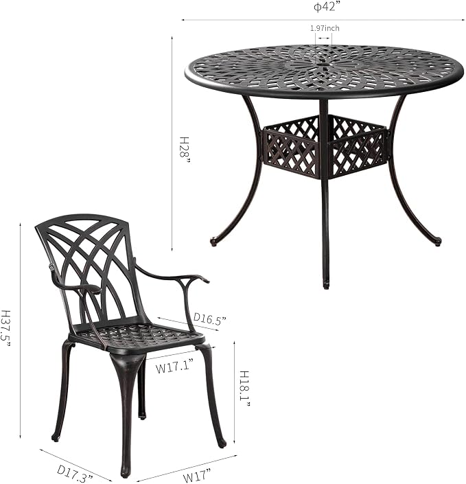 5 Pieces Outdoor Patio Dining Set, Cast Aluminium Patio Furniture Set with 4 Chairs Round Table, Anti Rust Outdoor Dining Set with 1.97" Umbrella Hole for Garden, Porch and Poolside, Bronze