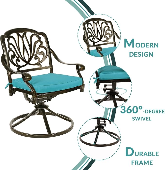MEETWARM 7-Piece Outdoor Patio Dining Set, All-Weather Cast Aluminum Patio Conversation Set with 2 Swivel Rocker Chairs, 4 Stationary, 1 Rectangular Table, 6 Cushions, 2" Umbrella Hole, Ocean Blue