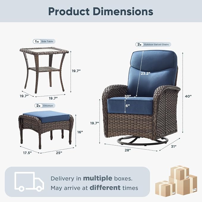 HUMMUH Outdoor Swivel Rocker Patio Chairs with Ottomans,Luxury 6-inch Thick Cushion High Back Patio Furniture Set,5PCS Wicker Conversation Set for Deck Yard and Poolside