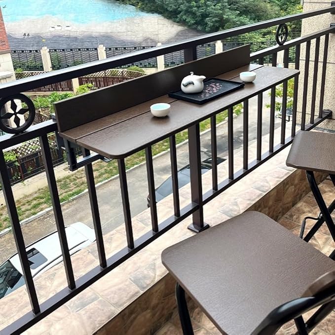 Balcony Railing Table, Heavy-Duty Adjustable Outdoor Tray with Quick Clamp – No Drill Industrial Metal Desk for Railings, Weatherproof Foldable Bar Table for Patio, Deck, Plants & Drinks(31.5''L)