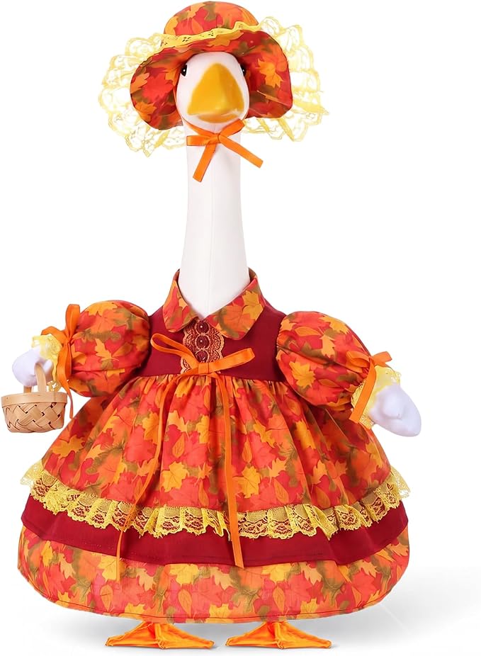 FuWeave Fall Porch Goose Outfit Maple Goose Costume Fancy Porch Geese Clothes with Wide Hat for 23" 17" Outdoor Patio