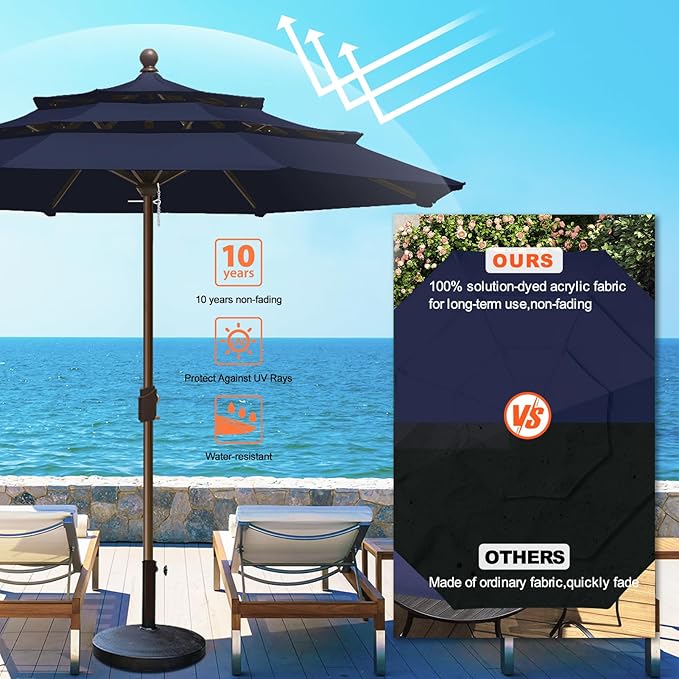 Eurmax USA 10-Year-Non-Fading 10FT 3-Tier Outdoor Patio Market Umbrella,UPF50+ UV Resistant,Heavy Duty Commercial Grade,Crank Lift Design,Windproof Vented Top for Garden,Pool,Deck,Navy Blue