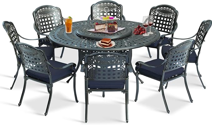 9-Piece Patio Cast Aluminum Dining Set, Outdoor Dining Furniture Set for 8 Person, Includes 8 Cushioned Chairs and 61" Large Round Dining Table W/ 31" Lazy Susan, Umbrella Hole, Navy Blue