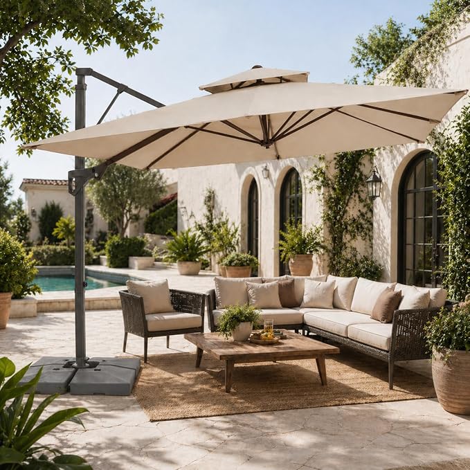 JEAREY 9ft 2-Tier Cantilever Patio Umbrella, Large Square Outdoor Offset Umbrella with Double Top Vent and 360-degree Rotation for Garden, Deck, Pool, Patio, Beige