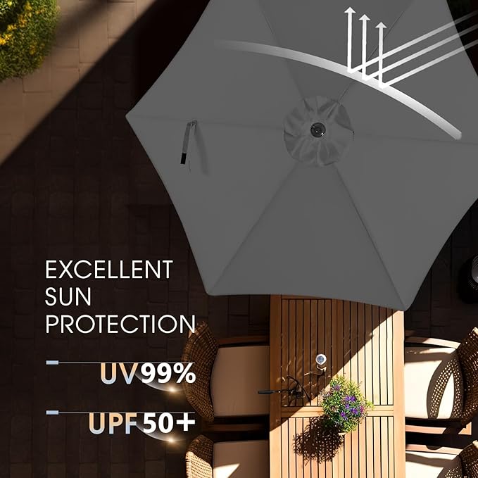 wikiwiki 7.5FT Patio Umbrella with Base, Outdoor Umbrellas with Base Included, 6 Sturdy Ribs, Waterproof Fade Resistant POLYESTER DTY Canopy for Deck, Lawn, Garden, Backyard & Pool, Dark Gray