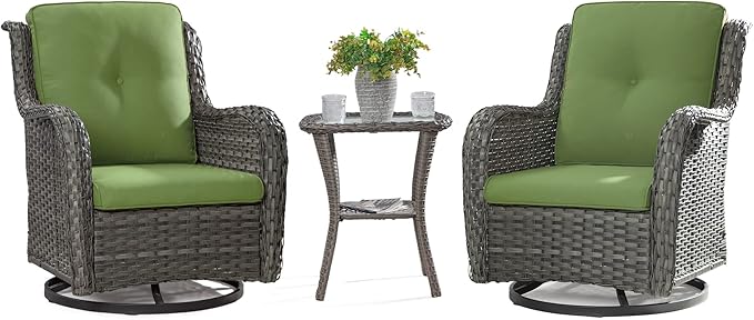 Outdoor 360 Degree Swivel Rocker Patio Chairs Sets of 2 and Matching Side Table - 3 Piece Patio Wicker Glider Chairs with Olefin Cushions(Mixed Grey/Green)