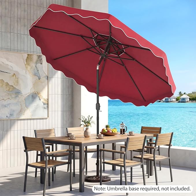 Happygrill 10 FT Patio Umbrella, Scalloped Outdoor Table Market Umbrella with Push Button Tilt & Crank, 2-Tier Vented Top, Heavy-Duty 8 Metal Ribs, Sun-Protective Canopy, Ruffle for Deck Pool Garden (Red)