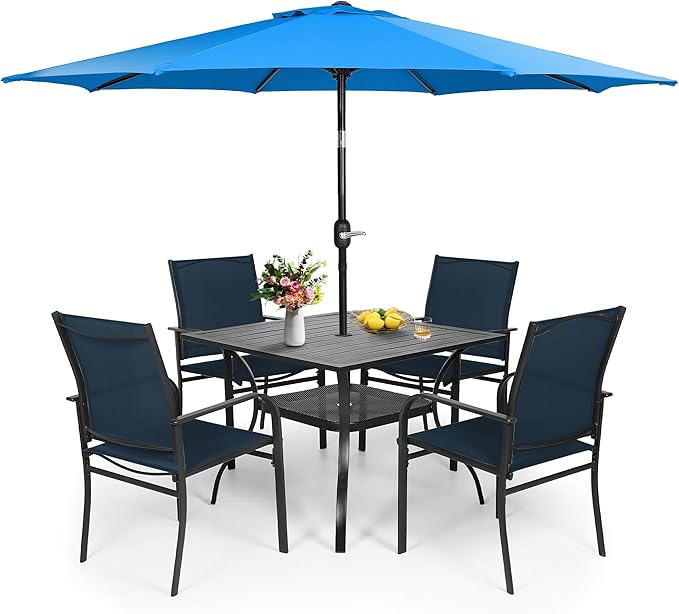Crownland 5 Piece Patio Dining Set, Textilene Dining Sets, 4 Textilene Metal Chairs and Square Outdoor Dining Table with Sky Blue 9FT Round Outdoor Umbrella