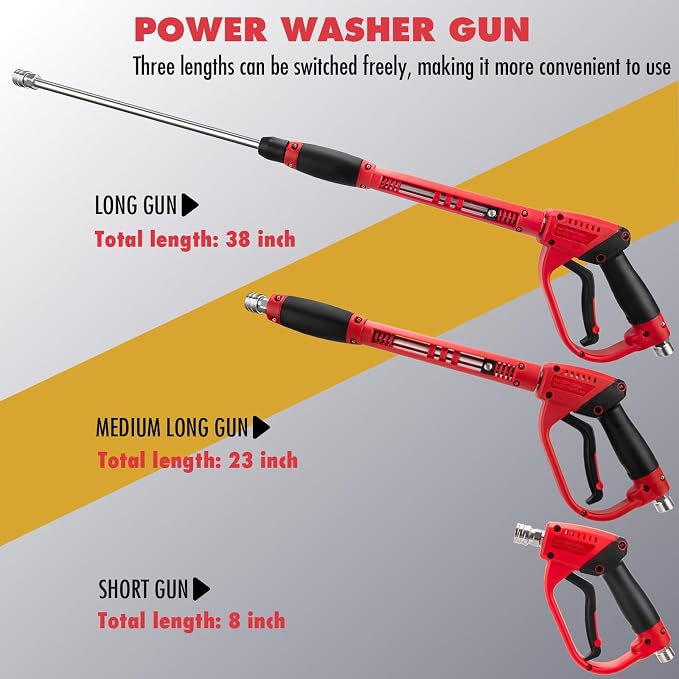 Pressure Washer Gun, Short Pressure Washer Gun with 2 Pressure-Washers Wands, 5 Nozzle Tips, M22 Fitting, 38 Inch, 5200 PSI