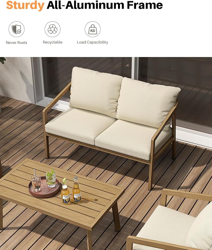 Teak Outdoor Patio Loveseat, Never-Rust Aluminum Outdoor Loveseat Couch with Thick Cushions, Modern 2-Seater Patio Sofa Bench, Outdoor Sofa Loveseat Furniture for Deck, Poolside