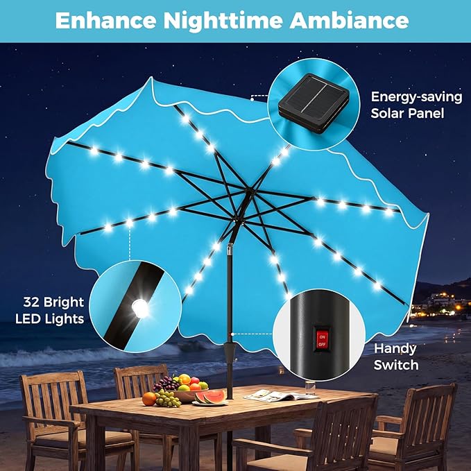 Tangkula 10 FT Solar Patio Umbrella with Base Included, 2-Tiers Outdoor Scalloped Table Umbrella with 32 LED Lights, 2 Sandbags, Tilt Adjustment, Crank, 8 Ribs for Market Backyard Pool Deck Beach Lawn (Turquoise, 10 FT)