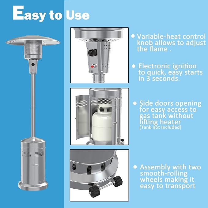 Gas Patio Heater with Wheels And Cover，48,000 BTU of Outdoor Portable LP Propane Commercial Heater ，automatically shuts off gas flow,with CSA Certified for Garden
