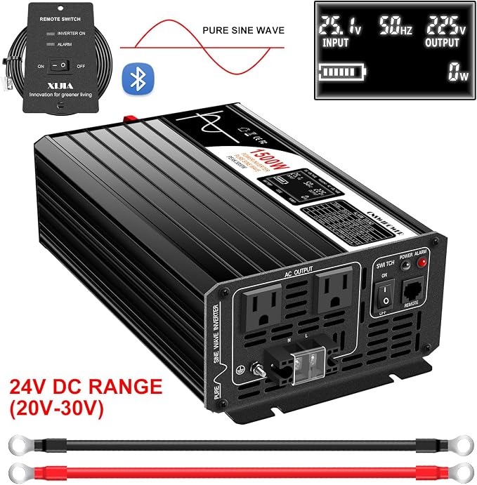 Xijia 1500W Pure Sine Wave Inverter，24V to 120V AC Converter for Home，Solar Systems，Remote and Bluetooth Control for Truck，Camping，with 2 AC Socket，Surge Power 3000W