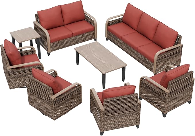 Modern Wicker Patio Furniture Set, Rattan Outdoor Conversation Set， 2 Patio Chairs, 2 Swivel Rocking Chairs, 3 Seat Couch, Loveseat, Coffee Table and Side Table, 8 Pieces, Brown/Red
