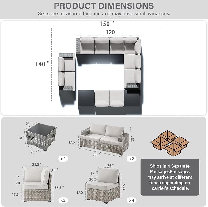 Belord Patio Conversation Set - 10-Seater Modular Wicker Outdoor Sectional Sofa Set, High Back Patio Furniture Sets with Glass Coffee Table for Outdoor Gatherings