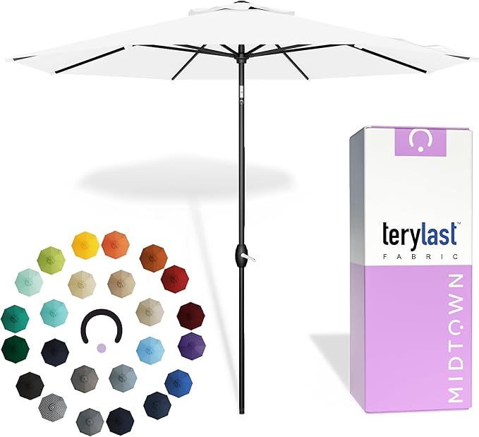 Midtown Umbrellas - 10-Year-No-Fade 10 Ft Patio Umbrella with Terylast Fabric, Auto-Tilt Aluminum Frame and 8 Reinforced Ribs for Deck, Pool, Garden & Beach - Ivory White Canopy, Black Pole