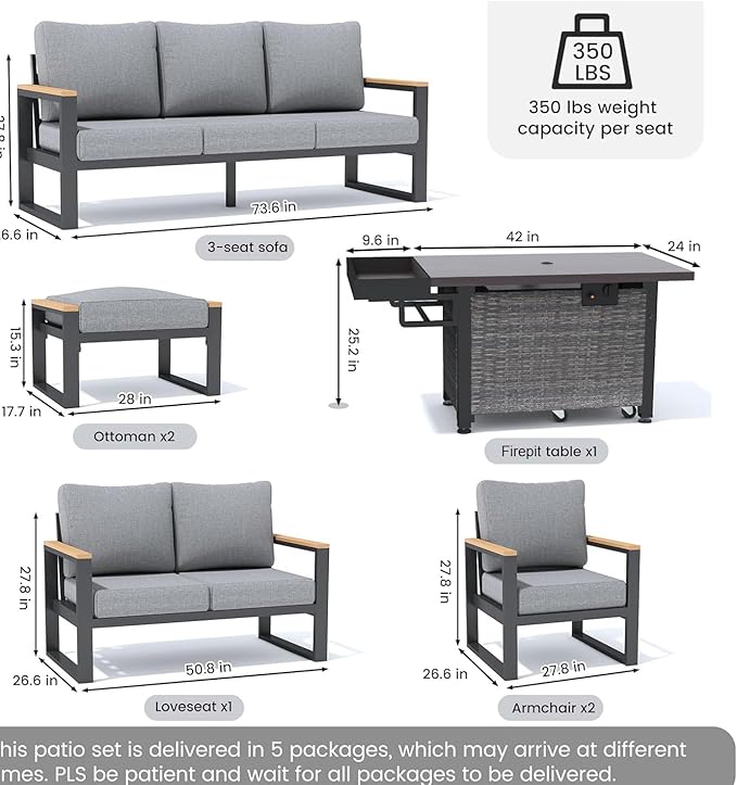 Sundale Outdoor Aluminum Patio Furniture Set, 7 Piece Outdoor Conversation Sets with Fire Pit, Ottoman and Washable Thick Cushions, All Weather Outdoor Sectional Set for Deck, Lawn, Yard (Grey)