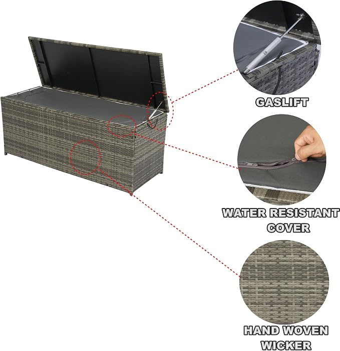 Storage Box, 113 Gallon Wicker Patio Deck Box with Lid, Outdoor Deck Box for Toys, Pillows, Garden Tools, Grey