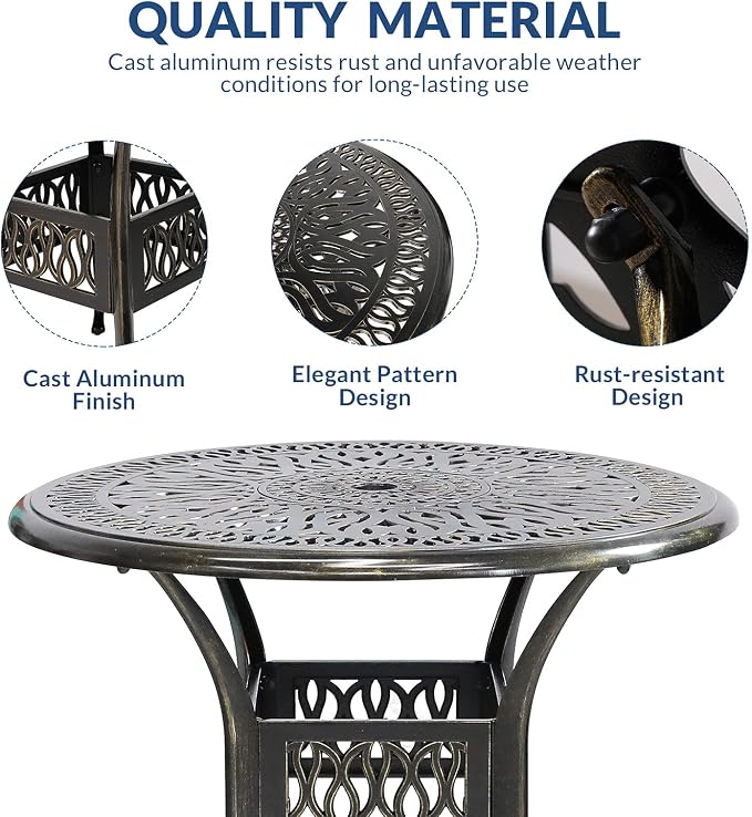 5-Piece Outdoor Patio Dining Set, All-Weather Cast Aluminum Patio Table Set, Include 4 Cushioned Chairs and a 35.4 inch Round Table w/Umbrella Hole for Balcony Garden Backyard, Khaki