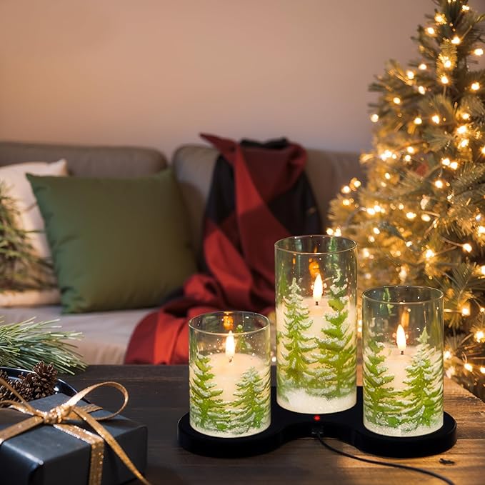 Wondise Rechargeable Christmas Glass Flameless Candles with Remote Timer, Battery Operated LED Real Wax 3D Wick Candles with Charging Base, Set of 3 Christmas Home Decoration Gifts(3 x 4 5 6 Inch)