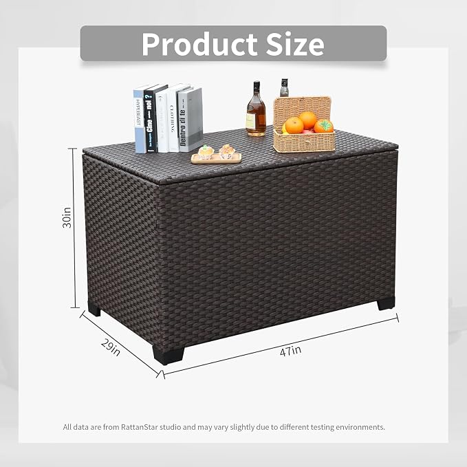 Rattan Star 140 Gallon Patio Storage Bin Wicker Outdoor Storage Box Waterproof Lining Bag Large Deck Box and Cushion Storage Bin Outdoor, Brown Wicker