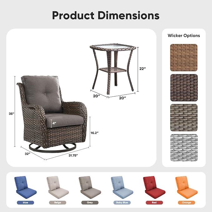 Belord Patio Wicker Chairs Swivel Rocker,Outdoor Patio Furniture Set with Rattan Side Table, All Weather Conversation Set for Porch Poolside Balcony, Brown Wicker/Gray