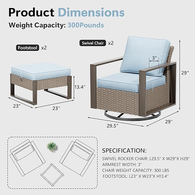 4 Piece Patio Furniture Set, Outdoor Swivel Rocker Patio Chairs and Ottoman, Metal Patio Furniture with Deep Seating, Thicken Cushions for Deck, Porch, Yard Use (Azure, 4 PCS/Swivel)