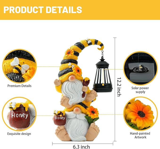 Solar Bee Garden Gnomes with LED Lantern, 12.2-Inch Outdoor Statue | Weather-resistant resin decor for yard, patio, lawn, porch, balcony; gift for women, moms, grandmas, bee and gnome lovers