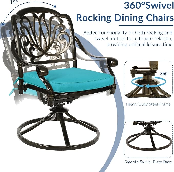 9-Piece Patio Cast Aluminum Dining Set, 8 Person Outdoor Dining Furniture Set, Includes 8 Swivel Dining Chairs and 61" Large Round Dining Table w/ 31" Lazy Susan, Umbrella Hole, Ocean Blue