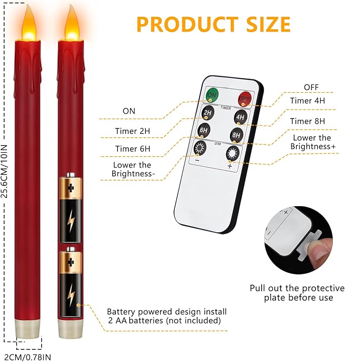 wemarry 6 Pcs Burgundy Flameless Taper Candles with Remote, 10" White Battery Operated Led Candlesticks with Flickering 3D Flame, Fake Taper Candles for Halloween Anniversaries Dinner Home Décor