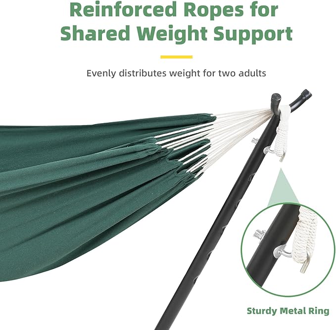 EchoSmile Double Hammock with Detachable Stand - 480 lbs Heavy Duty 2 Person Adjustable Hooks Indoor Outdoor Stand Hammock Durable Steel Frame, Green
